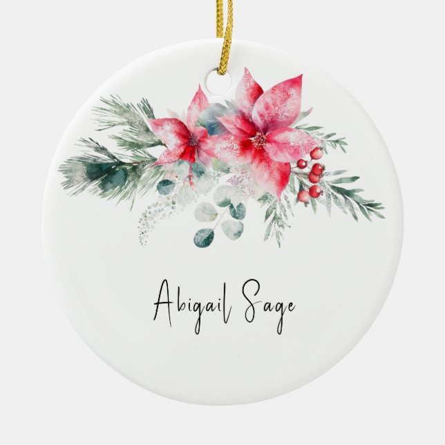 jul Poinsettia Evergreen Blommigt Bible Verse Julgransprydnad Keramik (Framsidan)