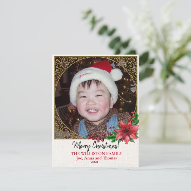 Jul poinsettia foto i guld filigran  julkort (Stående Fram)