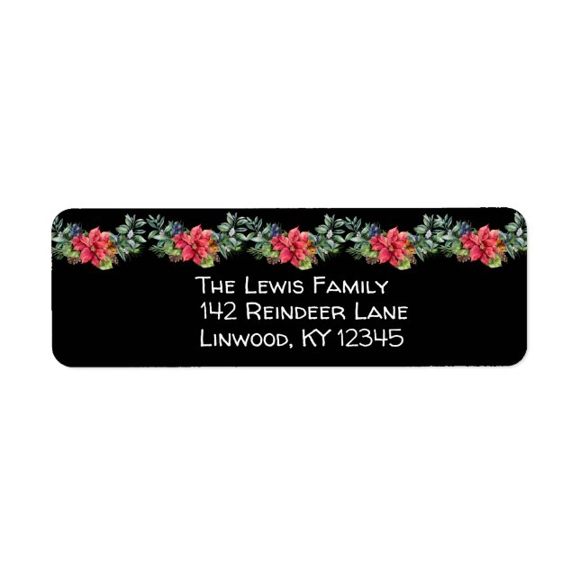 Jul Poinsettia Garland på Black Returadress Etikett (Framsidan)