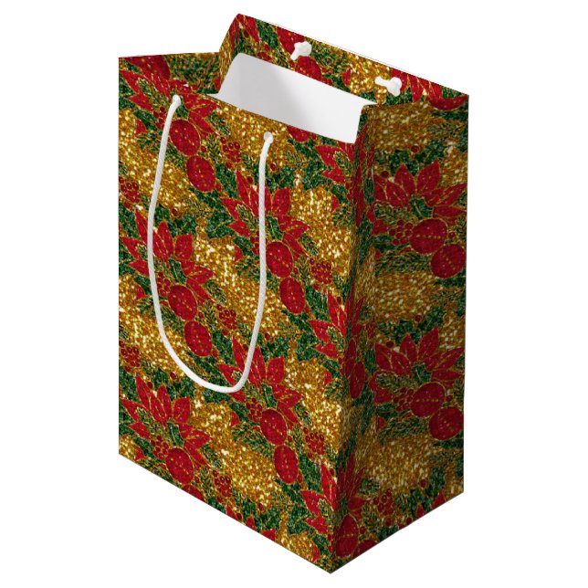 Jul Poinsettia-GIFT BAG, Guld-M (Framsidan Vinklad)