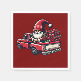 Jul Poinsettia Gnome på Röda Pickupa Lastbil Pappersservett