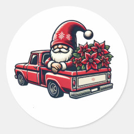 Jul Poinsettia Gnome på Röda Pickupa Lastbil Runt Klistermärke