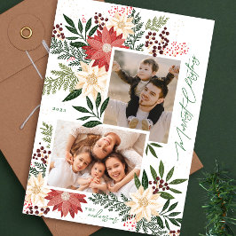 Jul Poinsettia Grönt Photo Collage Julkort