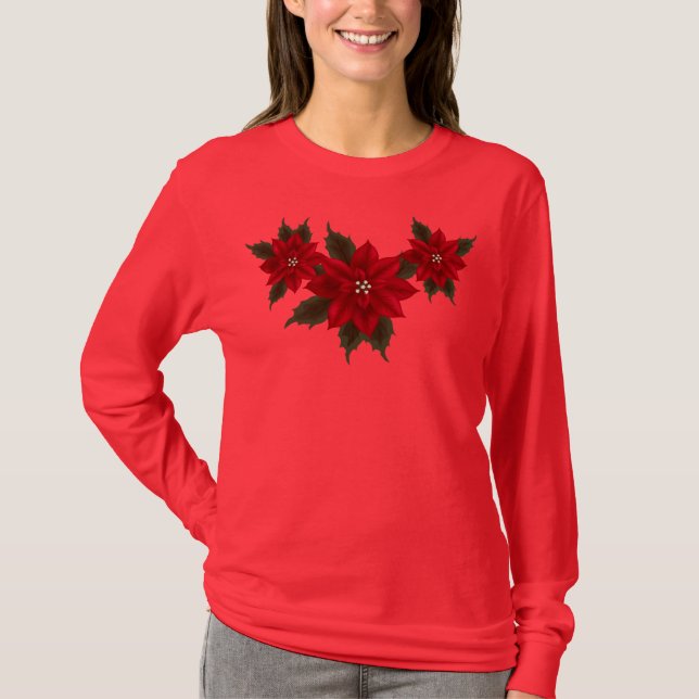 Jul Poinsettia Hanes Deep Red LS T-Shirt (Framsida)