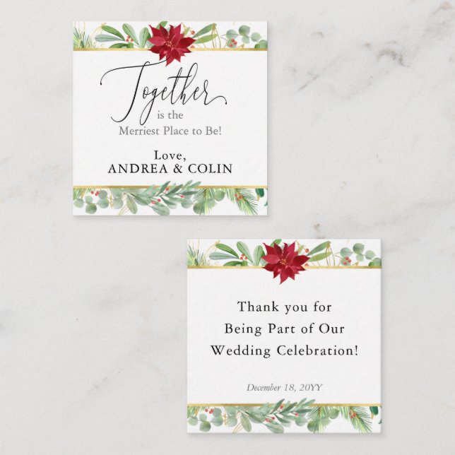 Jul Poinsettia Helgdag Wedding Favor-Märkre Fyrkantigt Visitkort (Fram/baksida)