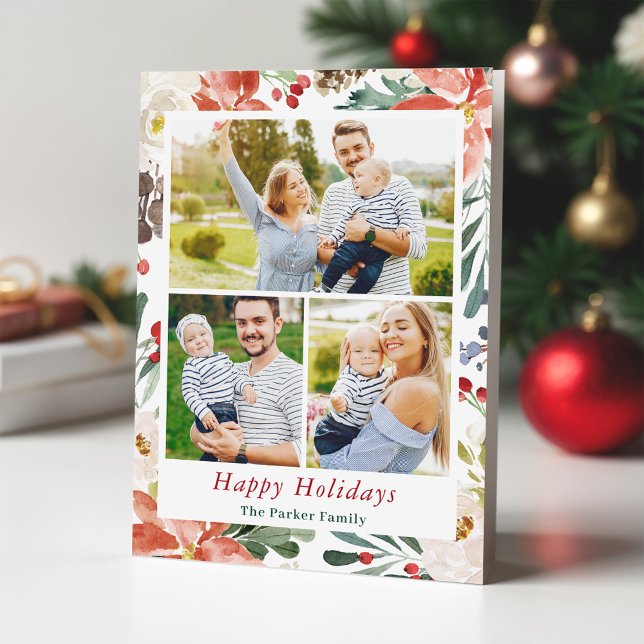 Jul Poinsettia Holly Berries Blommigt 3 Foto Helgkort (Skapare uppladdad)