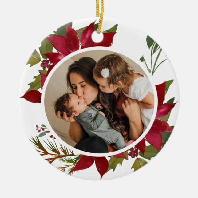 Jul Poinsettia Joyeux Noël Photo Julgransprydnad Keramik (Framsidan)