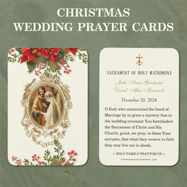 Jul Poinsettia - katolskt Bröllop Prayer-kort Visitkort (Catholic Christmas Wedding Prayer Cards with Red Poinsettias)