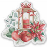 Jul Poinsettia, Lantern, Apples Bouquet Klistermärken<br><div class="desc">Julpoinsettia helgdag blombouquet med en guld-lantern och röda äpplen.</div>