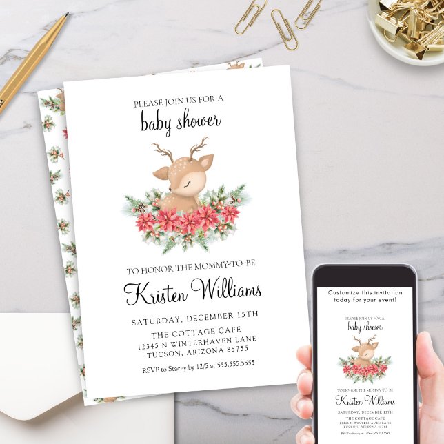 Jul Poinsettia Little Hjort Baby Shower Inbjudningar (Cute Poinsettia Little Deer Theme Baby Shower Invitations)
