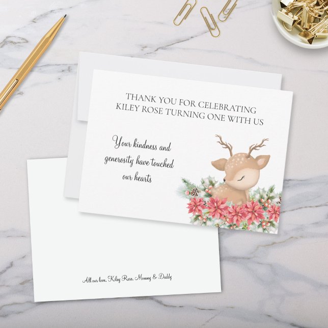 Jul Poinsettia Little Hjort Födelsedagsfest Tack Kort (Cute Christmas Poinsettia Little Deer Theme Thank You Cards with Personalized Signature)