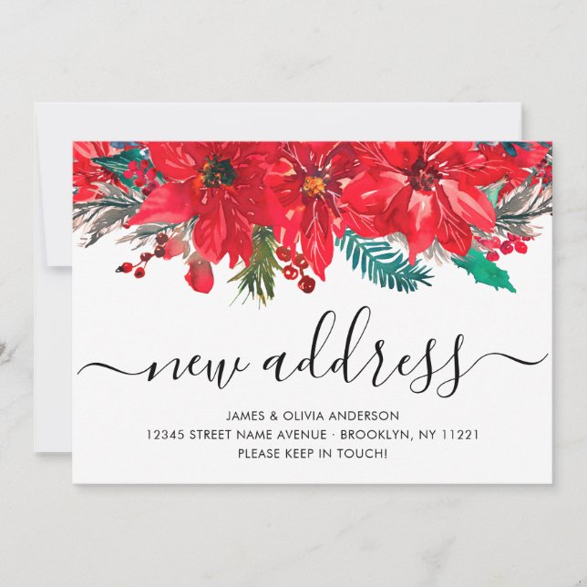 Jul Poinsettia Ny adress Helgdag Flytta Meddelande (Framsida)