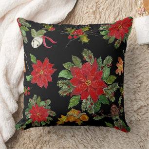 Jul Poinsettia och Silver Klockor Kudde