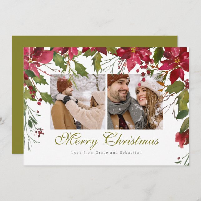 Jul Poinsettia Photo Personlig Julkort (Fram/baksida)