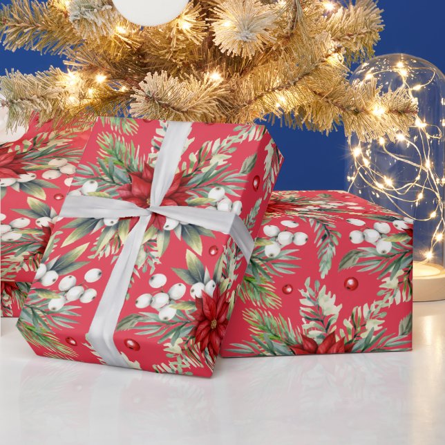 Jul Poinsettia Red Grönt Classic Elegant Presentpapper (Helgdagar)