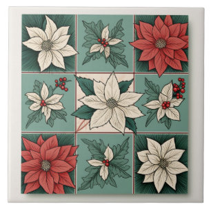 Jul Poinsettia Red White Grönt Blommigt Kakelplatta