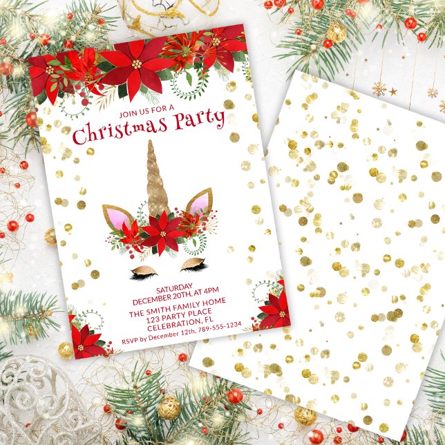Jul Poinsettia Unicorn med Red Font Party Inbjudningar (Skapare uppladdad)