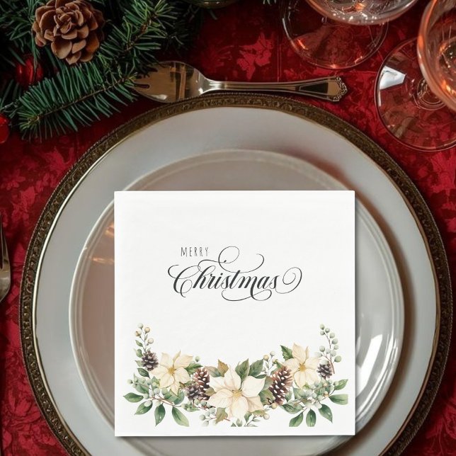 Jul Poinsettia vit Pappersservett (Christmas Poinsettia white Napkins)