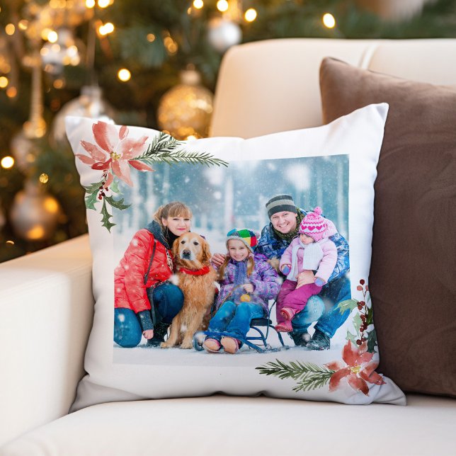 Jul Poinsettia Watercolor Botaniskt foto Kudde (Skapare uppladdad)