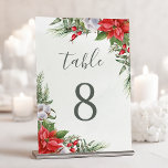 Jul Poinsettia Winter Botanical Greenery Bordsnummer<br><div class="desc">Vackra bordsnummer med handmålade botaniska vattenfärgillustrationer av poinsettimiblommor,  vintergröna,  gräs och grisen grenar och häckbär.</div>