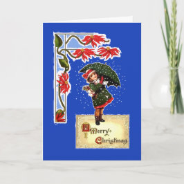 Jul, Poinsettias, flicka med paraply, Snö Helgkort
