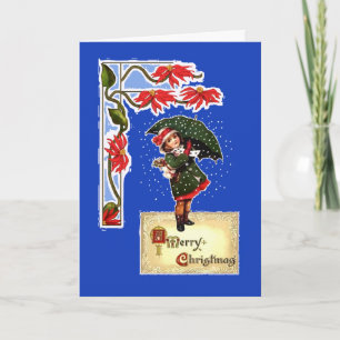 Jul, Poinsettias, flicka med paraply, Snö Helgkort
