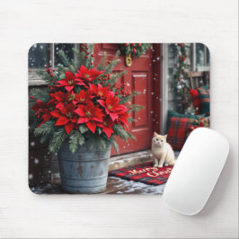 Jul Poinsettias och vit katt Musmatta