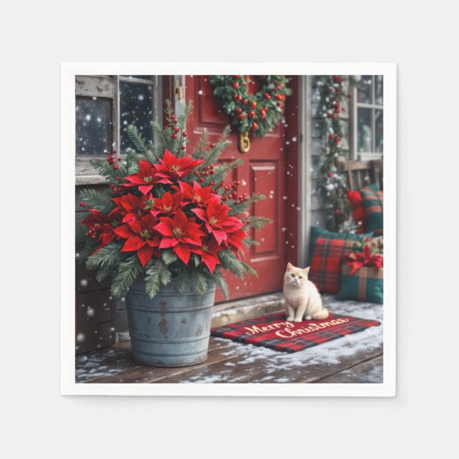 Jul Poinsettias och vit katt på dörrmatta Pappersservett (Framsidan)