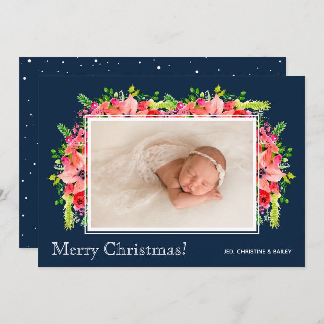 Jul Poinsettias Photo Tillkännagivande för födelse Julkort (Fram/baksida)