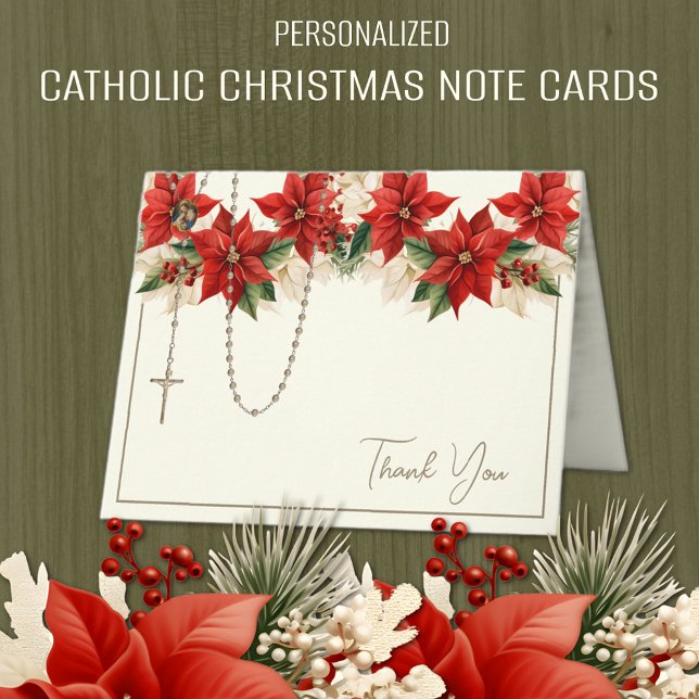 Jul Poinsettias Rosary Virgin Mary Jesus Helgkort (Catholic Christmas Thank You Notecards with the Rosary and the Blessed Mother and Jesus inside. )