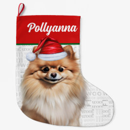 Jul Pomeranian Hund med Namn Woof Stor Julstrumpa