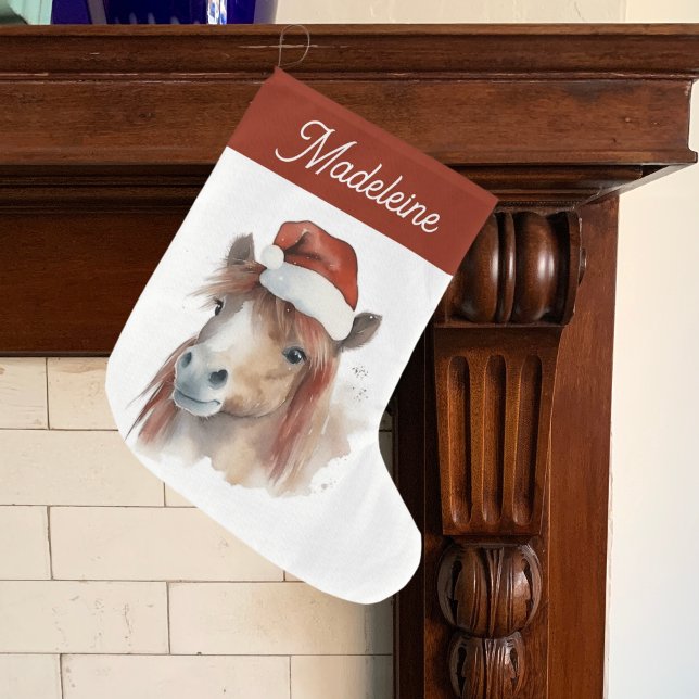 Jul Pony Cute Equestrian Horse Santa Hat Stor Julstrumpa (Skapare uppladdad)