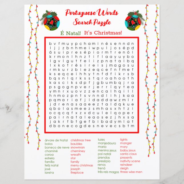 Jul - Portugisiska Ord Search Puzzle för barn (Framsida)