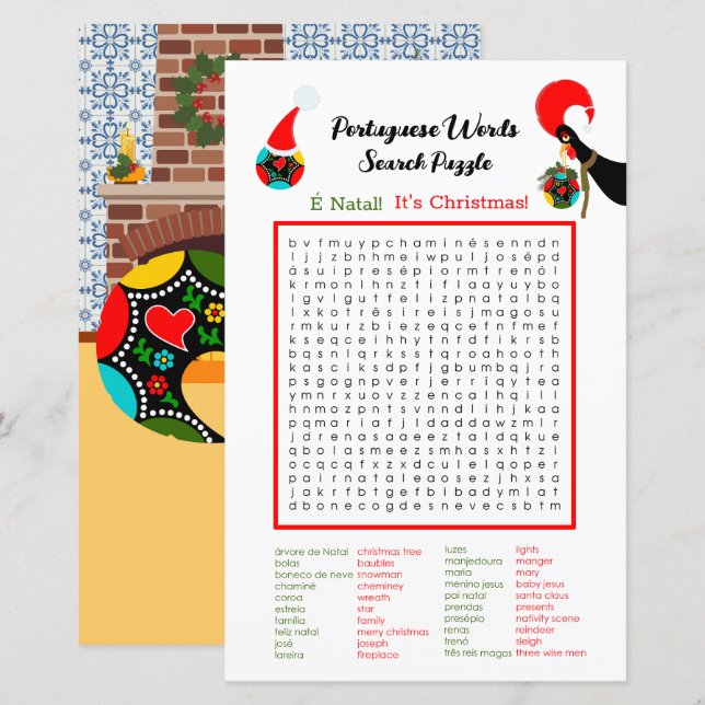 Jul - Portugisiska Ord Search Puzzle för barn (Fram/baksida)