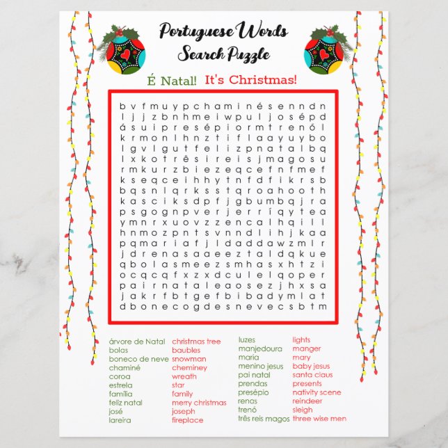 Jul - Portugisiska Ord Search Puzzle för barn (Framsida)