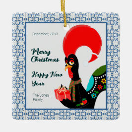 Jul - portugisiska Tupp och blå plattor ram Julgransprydnad Keramik