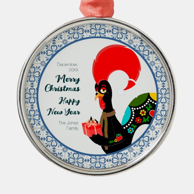 Jul - portugisiska Tupp och blå plattor ram Julgransprydnad Metall (Framsidan)