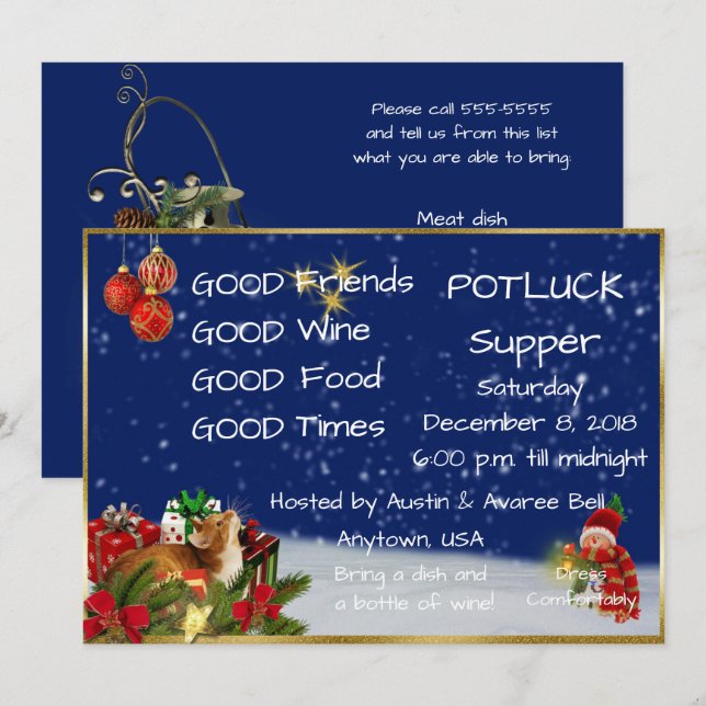 Jul Pot Luck Middagsparty Inbjudningar (Fram/baksida)
