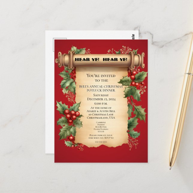 Jul Potluck Middag Gammal Världsrulle Inbjudan (Fram/Back In Situ)