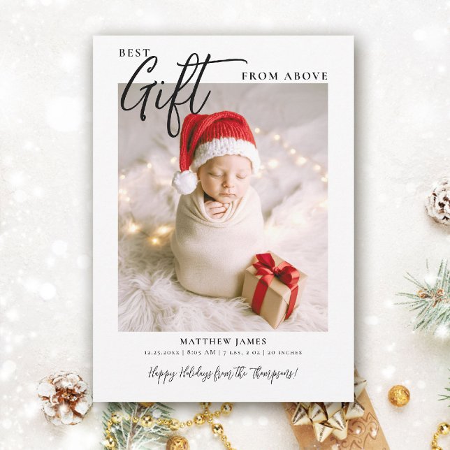 Jul Presenten Kalligrafi Modern Söt Bebis Foto Julkort (best gift from above baby christmas card minimalist simple photo calligraphy elegant cute)
