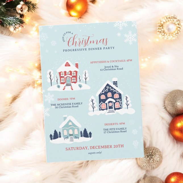 Jul: Progressiv middag Party Snowy Village Inbjudningar (Christmas Progressive Dinner Party Snowy Village Invitation)