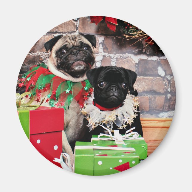 Jul - Pug - Daisy Mae och Lily Lou Magnet (Framsidan)