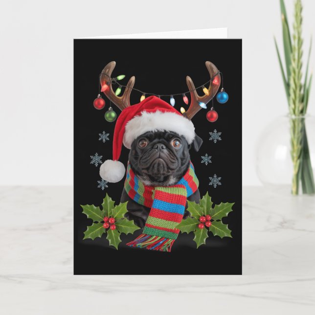 Jul Pug Med Horn Julhatt Mysig Scarf Dräkt Kort (Framsida)