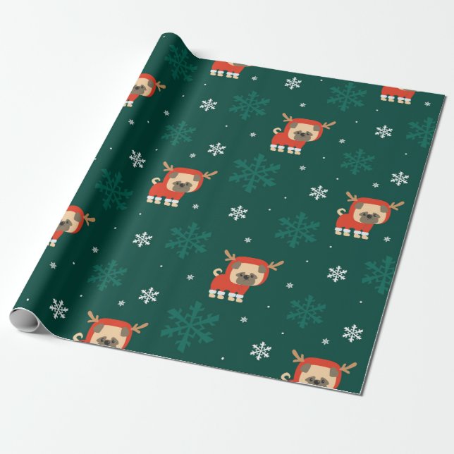 Jul Pug Reindeer Mönster Presentpapper (Utrullad)