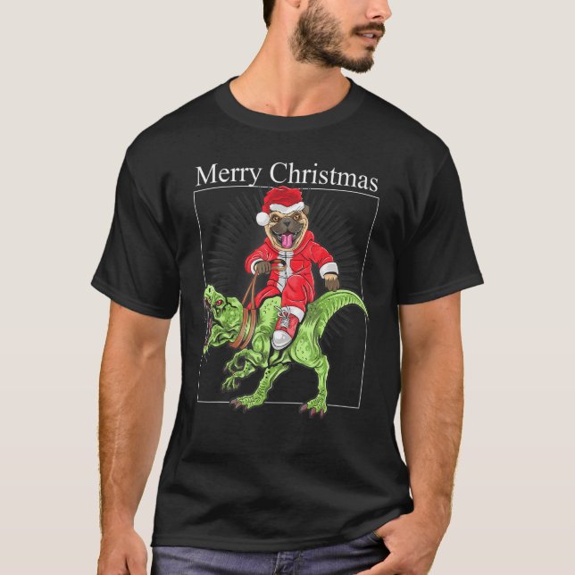 Jul Pug Riding A Dinosaur Rolig hund Christma T Shirt (Framsida)