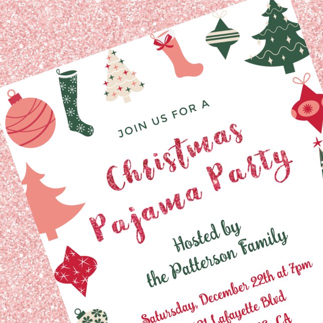 Jul Pyjamasparty Glitter söt illustration Inbjudningar (Skapare uppladdad)