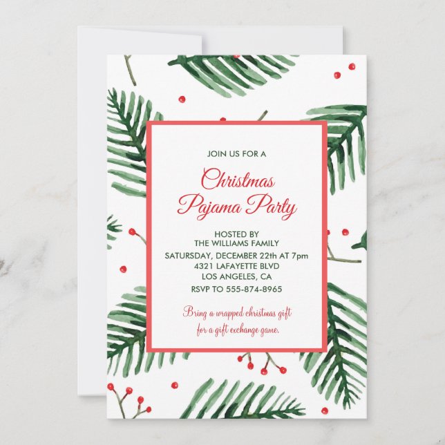 Jul Pyjamasparty Sömn Elegant Ständig Grönska Inbjudningar (Framsida)