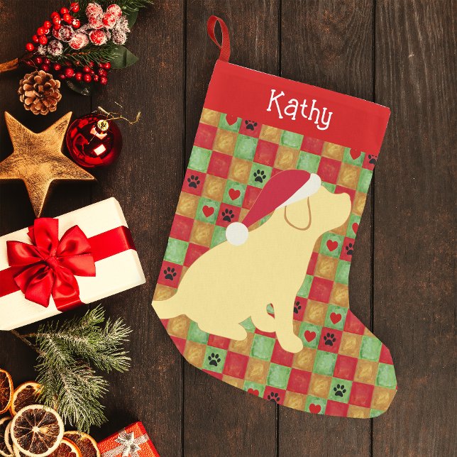 Jul Quilt Gult Labrador Puppy Liten Julstrumpa (Personalized Yellow Labrador Puppy Quilt Design Christmas Stocking for Labrador Owners.)
