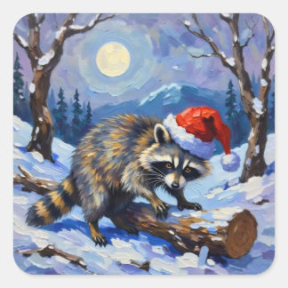 Jul Raccoon Fyrkantigt Klistermärke