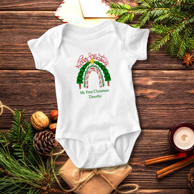 Jul Rainbow Red Grönt Min första jul T Shirt (My First Christmas Personalized Baby Body Suit. Gift for Baby Boy or Girl)